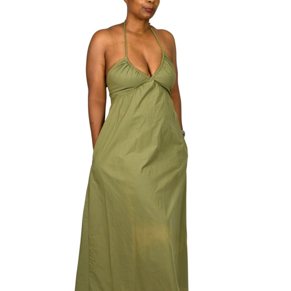 Xirena Maggie Halter Dress Green Olive Maxi Poplin Cotton Sundress Pockets XS - Picture 10 of 16